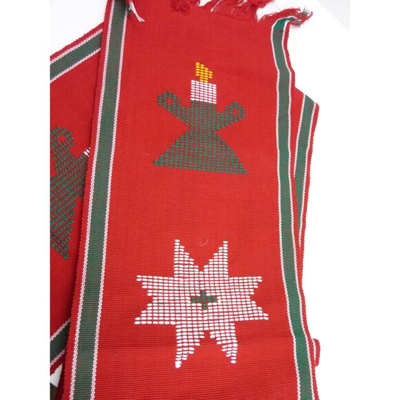 Vintage Boho Cottage Handmade Needlepoint Christmas Table Runner Decor Red - Picture 2 of 5